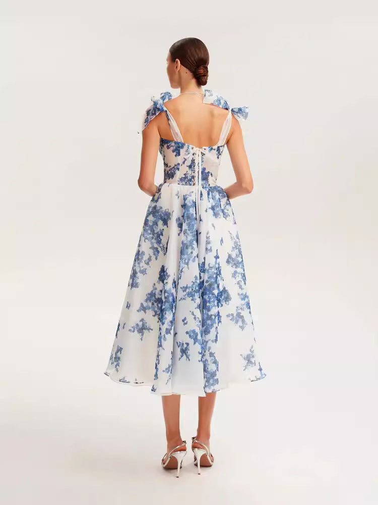 Elara Enchantress™: Floral Midi Dress with Structured Bodice and Shoulder Bows