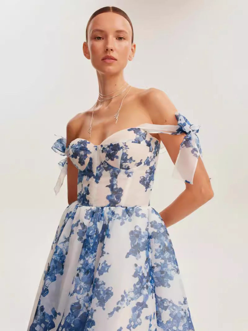 Elara Enchantress™: Floral Midi Dress with Structured Bodice and Shoulder Bows