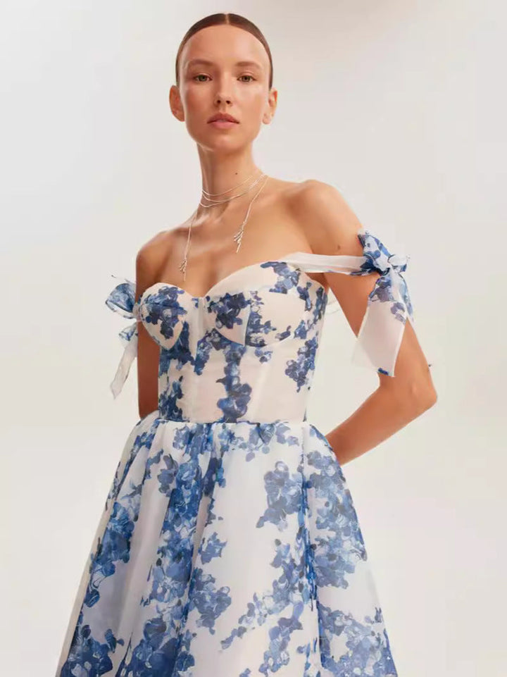 Elara Enchantress™: Floral Midi Dress with Structured Bodice and Shoulder Bows