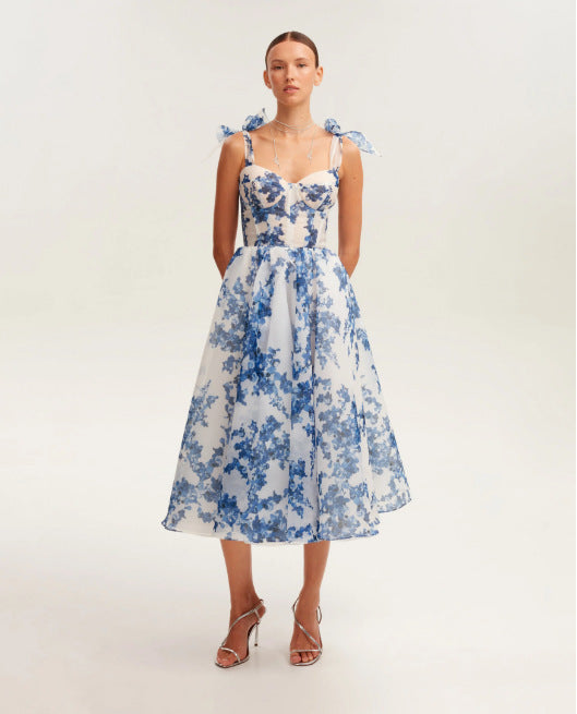 Elara Enchantress™: Floral Midi Dress with Structured Bodice and Shoulder Bows