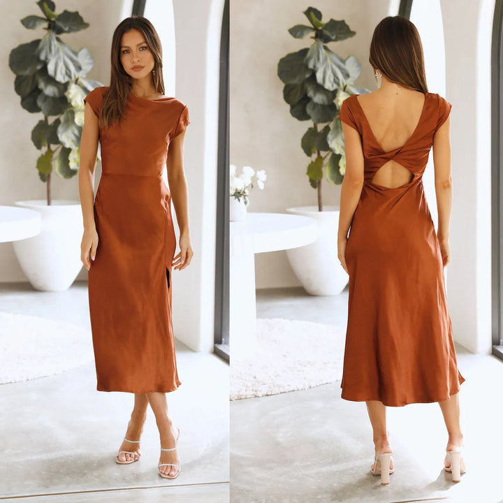 Giada Elegance™ – Satin Gown with Crisscross Back and Side Slit