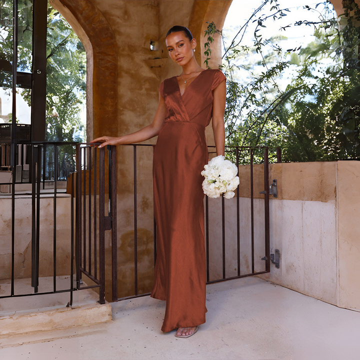 Violetta-Elise™: Graceful Satin Wrap Gown