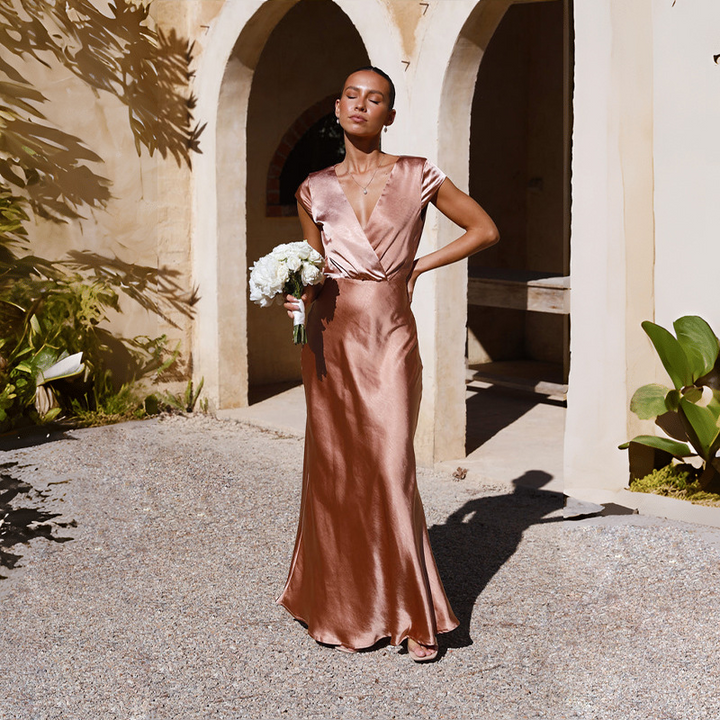 Violetta-Elise™: Graceful Satin Wrap Gown