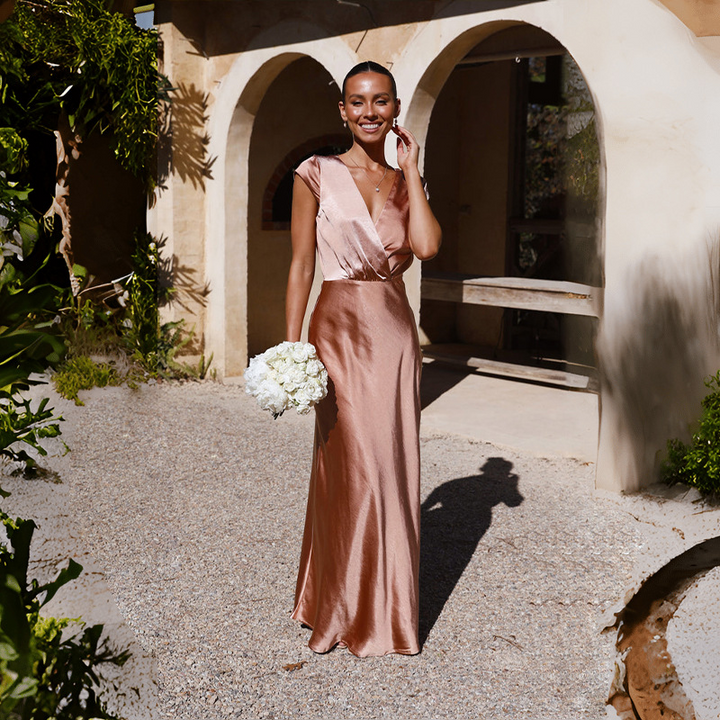 Violetta-Elise™: Graceful Satin Wrap Gown