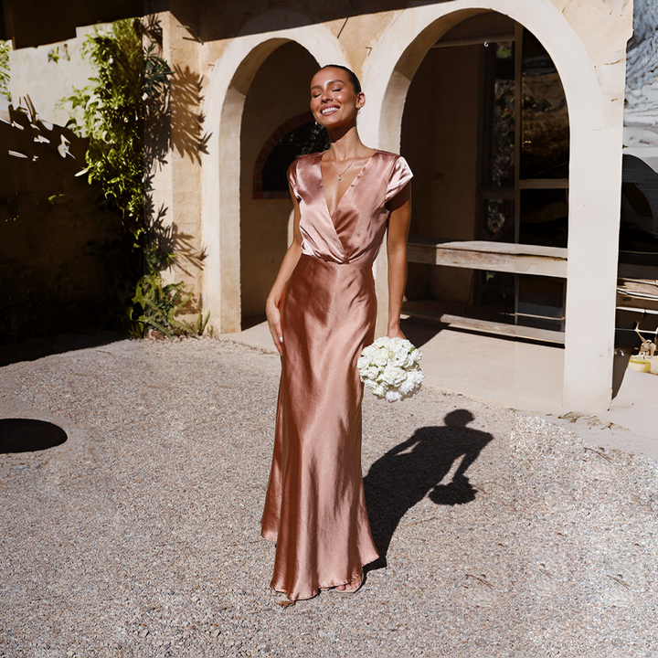 Violetta-Elise™: Graceful Satin Wrap Gown