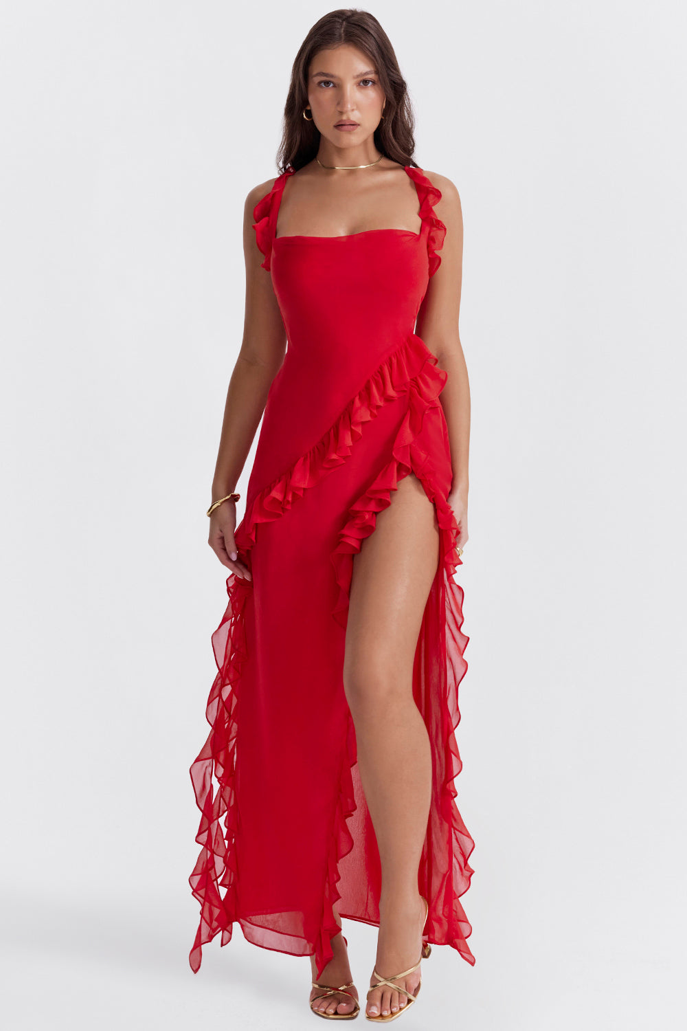 Elara-Chiffon Gown with Ruffles and Slit™