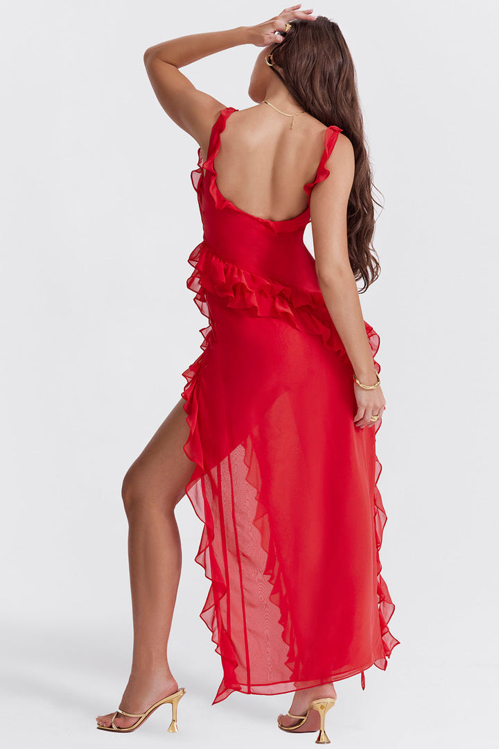 Elara-Chiffon Gown with Ruffles and Slit™