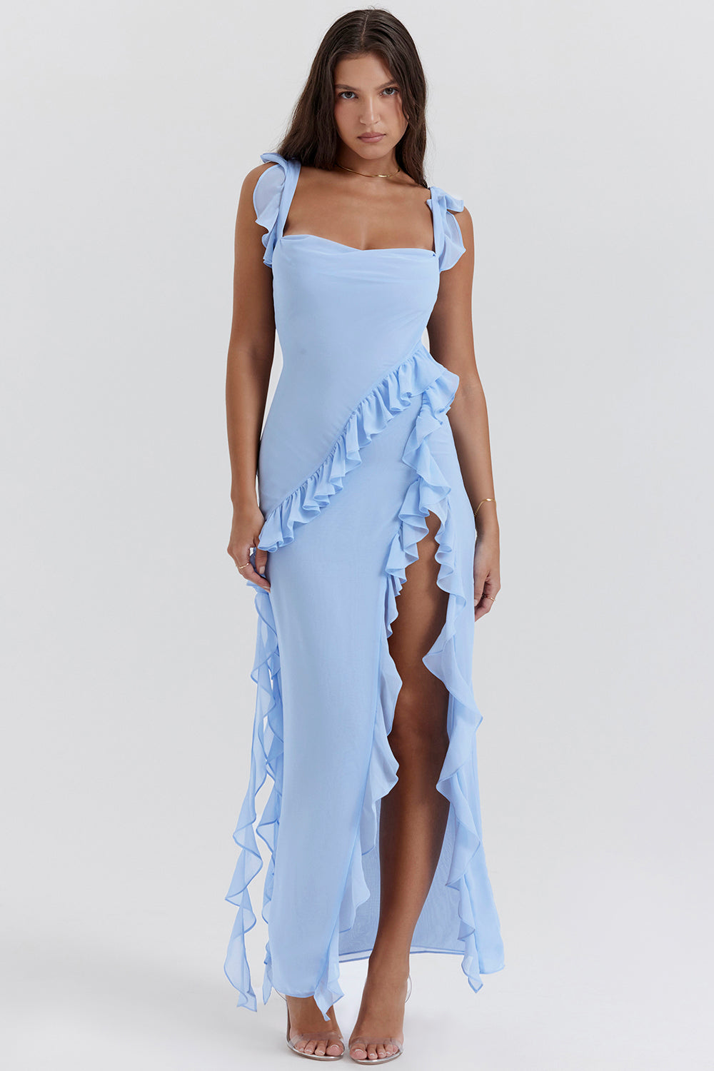 Elara-Chiffon Gown with Ruffles and Slit™