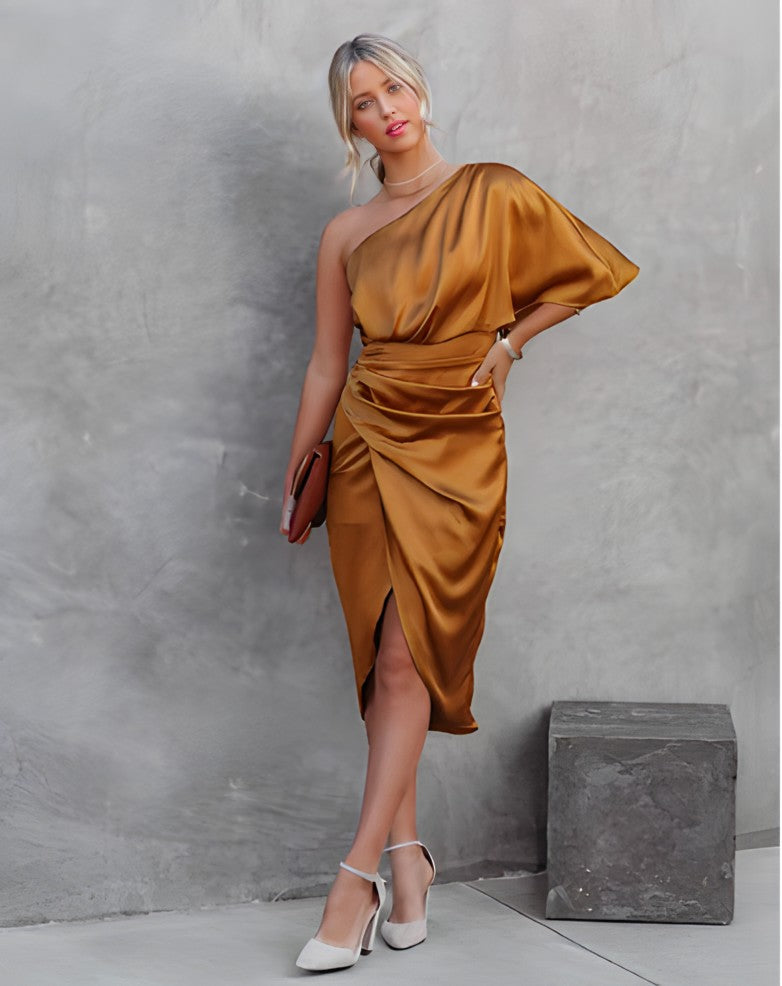 Celestia Asymmetry™ Satin Midi Dress