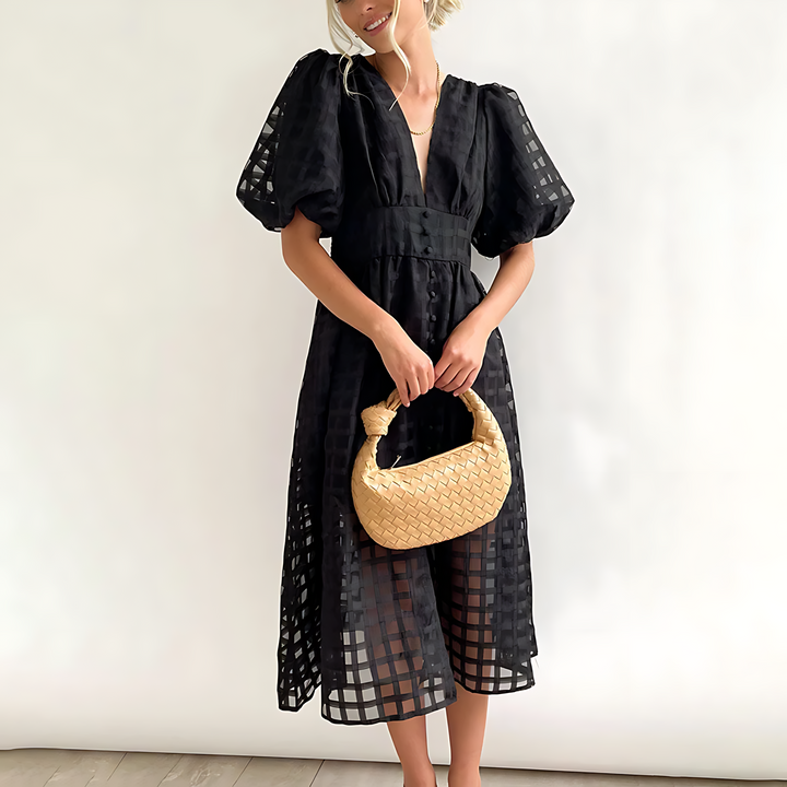 Isabella Elegance™: Puff Sleeve V-Neck Midi Dress
