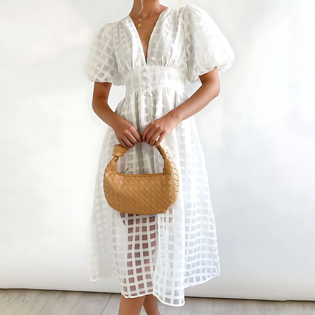 Isabella Elegance™: Puff Sleeve V-Neck Midi Dress