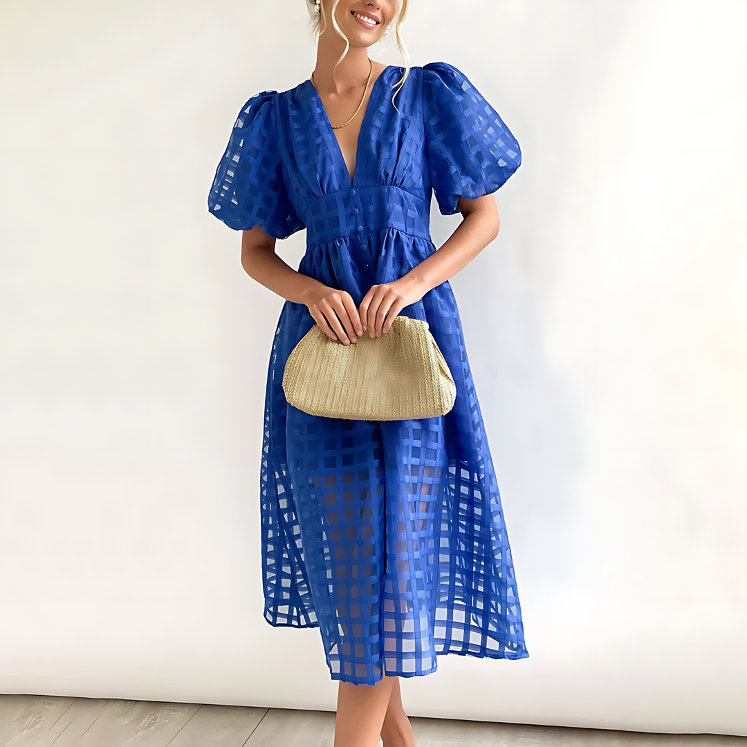 Isabella Elegance™: Puff Sleeve V-Neck Midi Dress