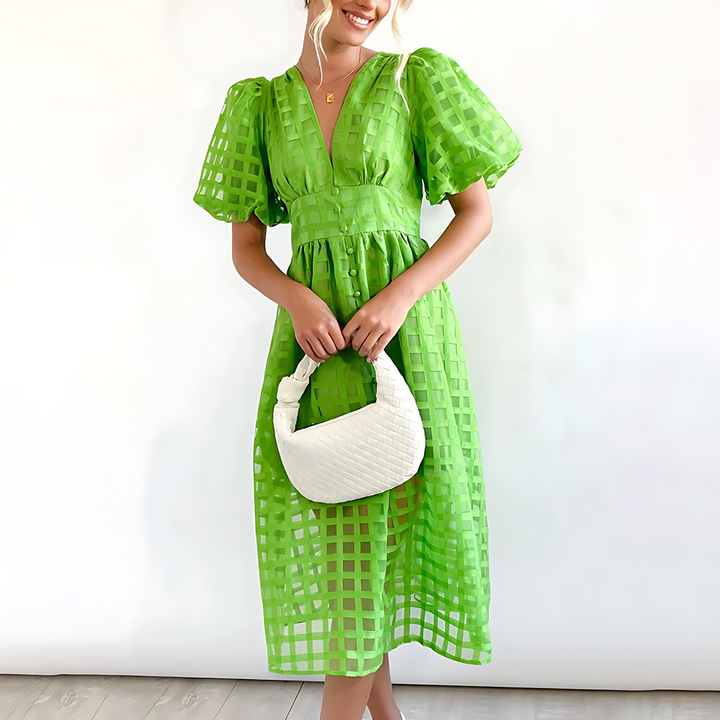Isabella Elegance™: Puff Sleeve V-Neck Midi Dress