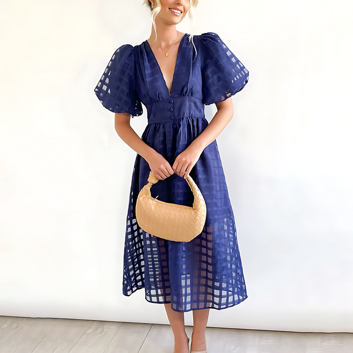 Isabella Elegance™: Puff Sleeve V-Neck Midi Dress
