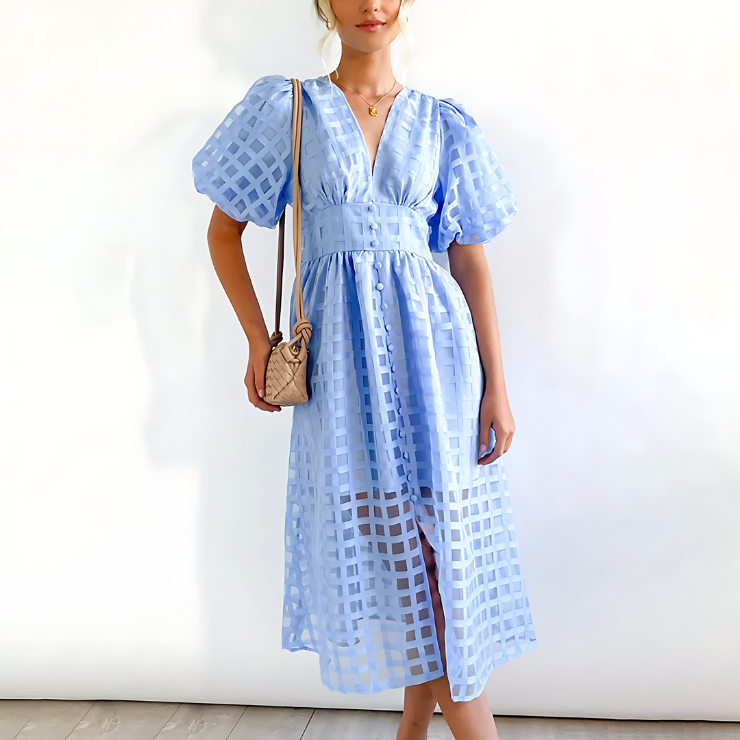 Isabella Elegance™: Puff Sleeve V-Neck Midi Dress